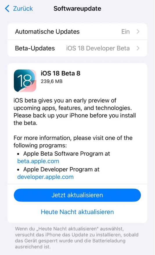 鄯善苹果手机维修分享苹果 iOS / iPadOS 18 开发者预览版 Beta 8 发布 